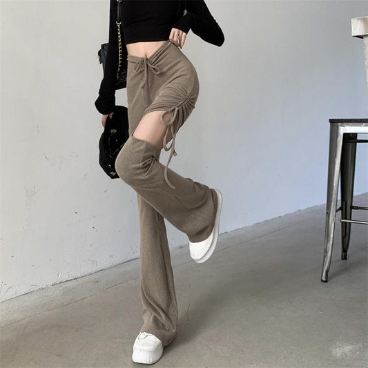 Spring and Autumn Casual Pants Female High Waist Slim Slime Hollow Flavpet Design