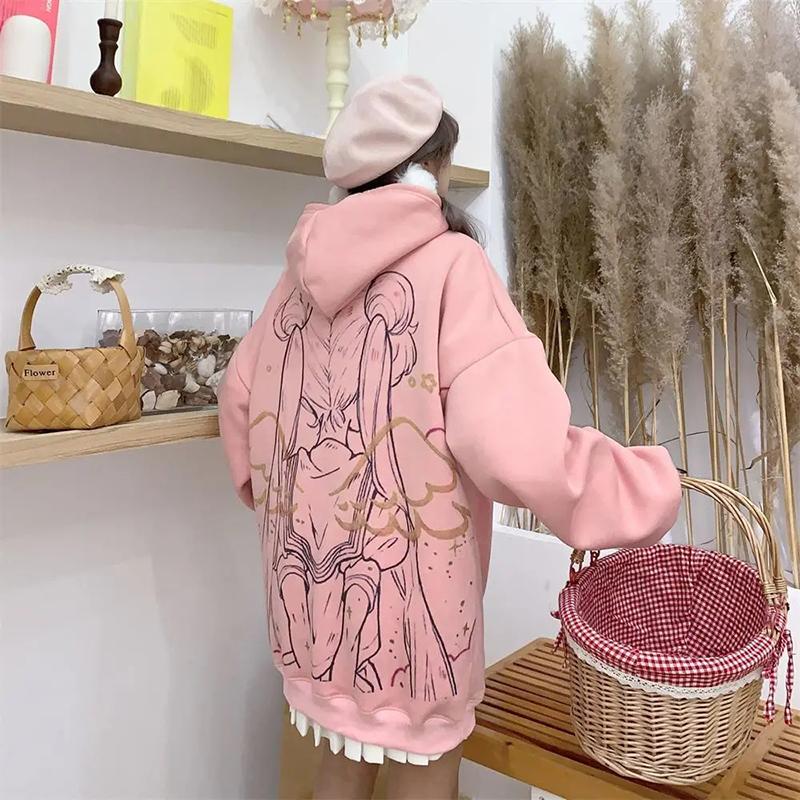 Japan Anime Printed Hoodies Women White Pink Fashion Oversized Streetwear Harajuku Sweatshirt Winter Fleece Pullover Tops Plus Size Loose Clothes