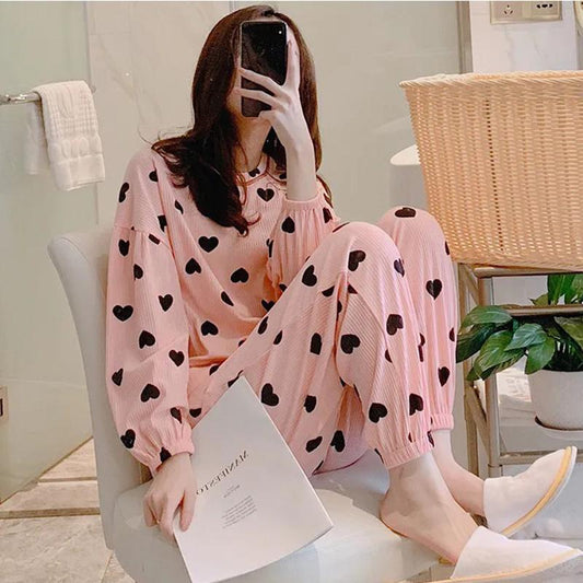 Women's Long Sleeve Heart Pajamas Large Size Loose Spring Autumn Thin Home wear Round Neck Pullover Pants Top Two Piece Sets Solid Color