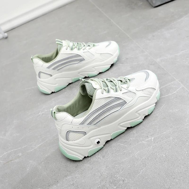 Women's Mesh Breathable Sneakers Leather Shoes Thick-soled White Shoes Casual Shoes Lightweight and Comfortable Student Shoes