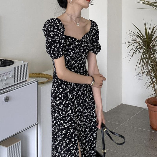 Summer New French Square Neck Floral Dress Women's Black Design Split Tea Break Dress Long Skirt