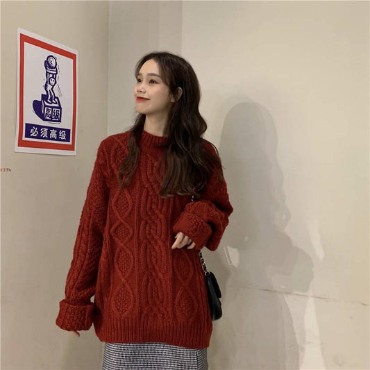 Pofulove Loose Twist Sweater Autumn Winter College Style Pullover Sweater Coat Korean ins