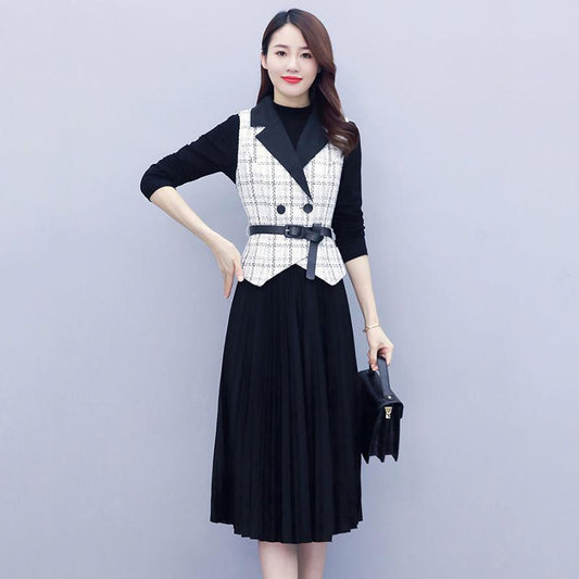 Suit Fragrant Wind Vest Dress Two-piece Suit Early Autumn Temperament Plaid Pleated Skirt Suit Female Large Skirt Dress