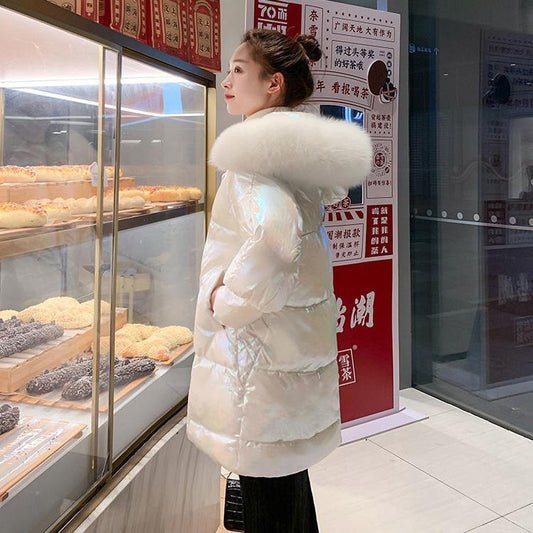 Glossy Cotton Winter Long Padded Jacket To Keep Warm Plus Cotton Down Winter Coat with Large Fur Collar