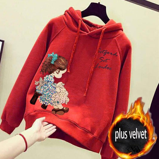 Wild Large Size Long Sleeve Warm Hooded Jacket Autumn and Winter Cotton Sweater Women's Sweatshirt