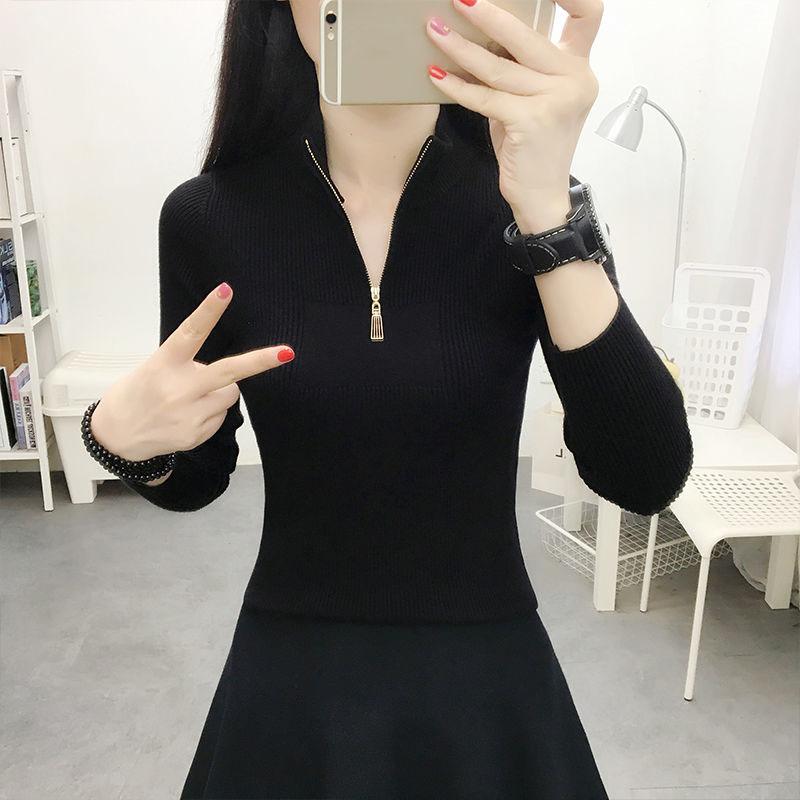 Autumn and Winter Knitted Solid Color Bottoming Shirt Zipper Short Slim Top Long Sleeve Simple Female Sweater