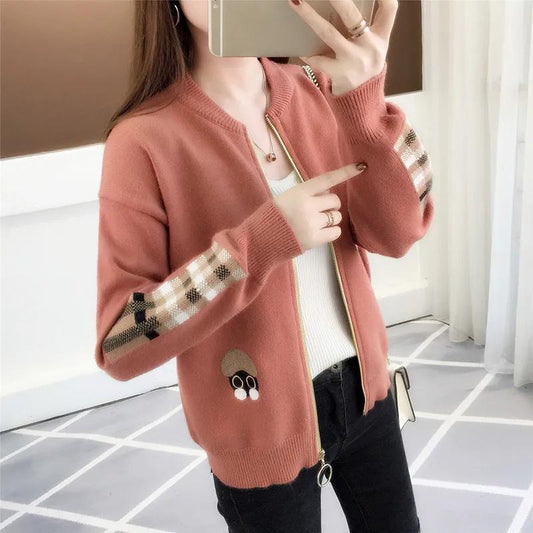 Cardigan Coat Women's Knitted Top Cute Cartoon Embroidered Plaid Sleeves Spring Autumn Short Coat Loose All-match Long-sleeved Outer Wear