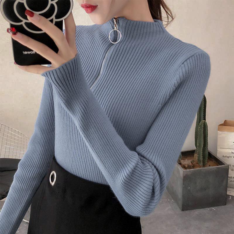 Fall/winter Core-spun Yarn Knitted Sweater Solid Color Zipper Slim Top Women