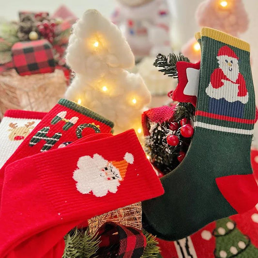 Five Pairs of Red Christmas Socks Long Tube All-match Cute Cartoon Cotton Socks