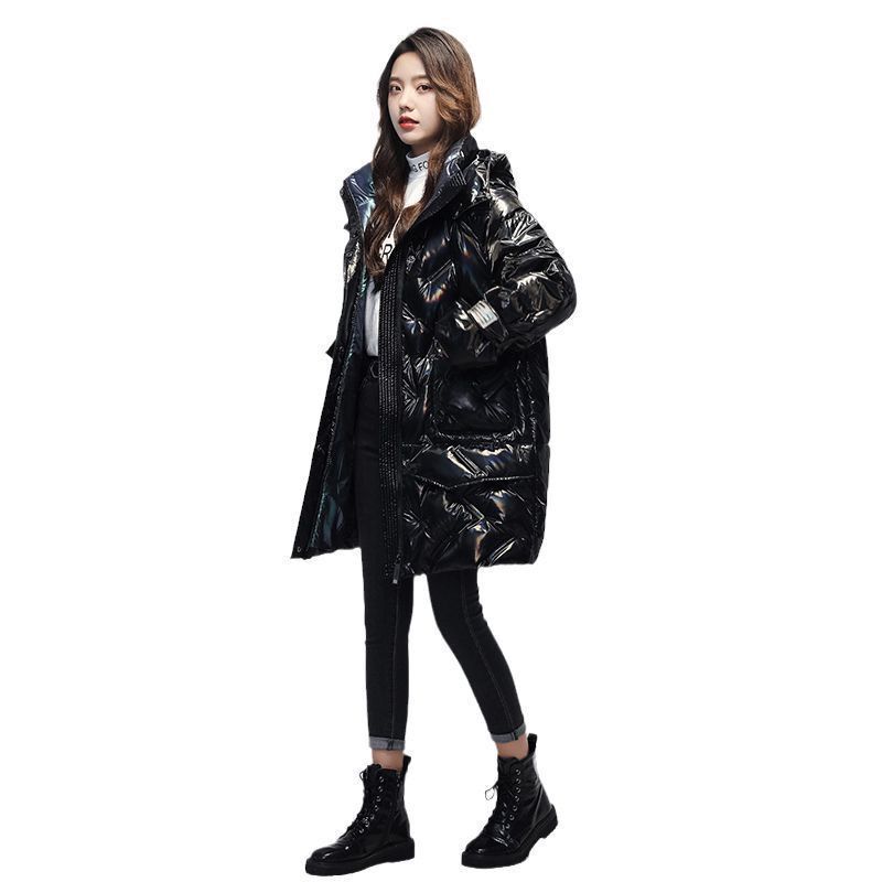 Hooded Down Jacket Women's Mid-length White Patent Leather Glossy Thick White Duck Down Winter Loose Warm Jacket Women