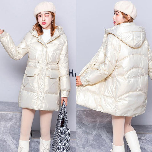 Glossy Down Jacket Women's Winter White Duck Down Mid-length Korean Style Loose Thick Slim-fitting Western-style Jacket Trend