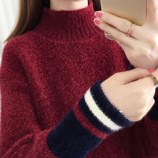 Autumn and Winter Mohair Knitted Sweater Loose Half High Neck Casual Bottoming Shirt Fashion Simple Women's Sweater