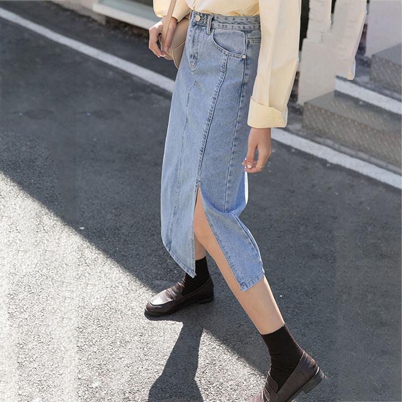 Long Skirt Women Solid Split Denim Skirt High Waist Over The Knee Hip Skirt Casual Club Home Office
