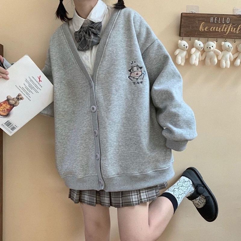 Autumn Winter Button Cardigan Sweater Women Cute Embroidery Student Loose Coat Female College Style