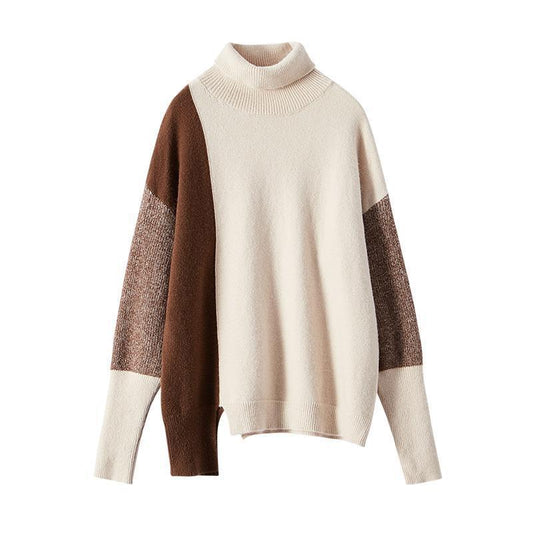 Turtleneck Color-blocking Split Sweater Women Autumn Winter Women's Clothing Loose-fitting All-match Bottoming Sweater