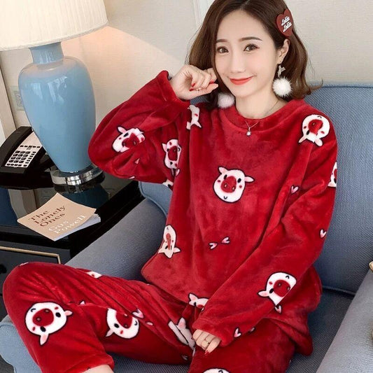 Women's Autumn and Winter Coral Velvet Thick Pajamas Flannel Plus Velvet Outer Wear Home Service Suit