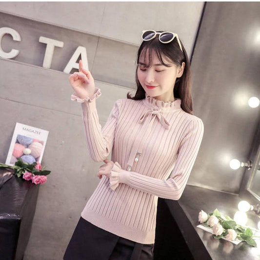 Pofulove Lace Collar Knitted Sweater Women Autumn Winter Sweet Long Sleeve Slim Pullover Turtleneck Sweater