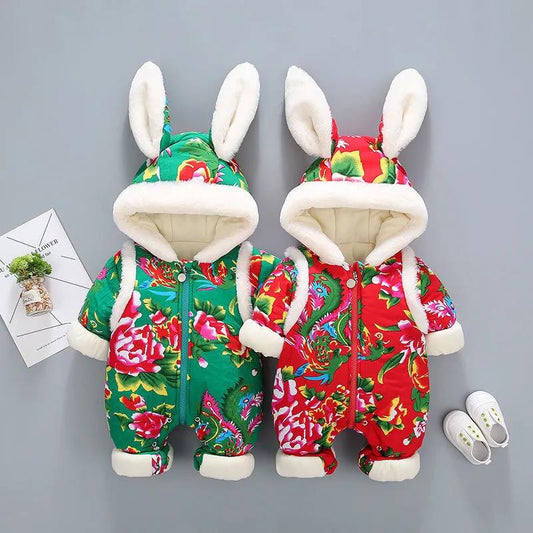 Baby Big Flower One-piece Winter New Year's Clothing New Year's Clothing Baby Festive Romper Plus Cotton Padded Outing Clothing