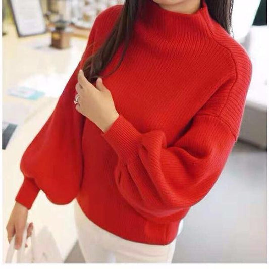 Autumn and Winter Half High Neck Lantern Sleeve Top Short Knitted Solid Color Sweater Slim Pullover Sweater Fashion Jacket