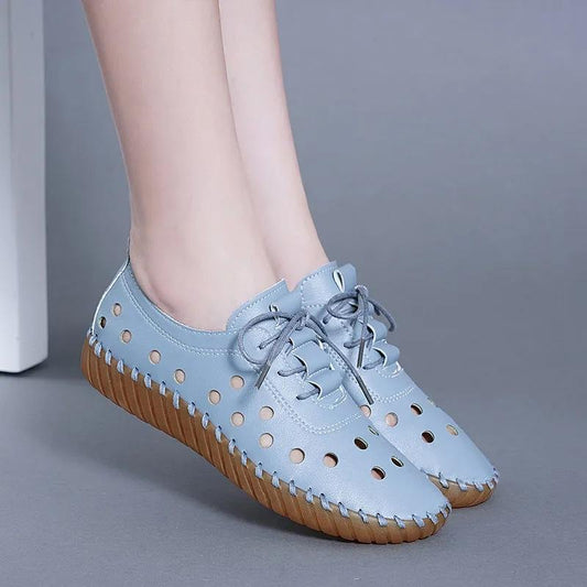 Soft Leather Hollow Women's Shoes Summer Hole Sandals Tendon Sole Sandals Flat Casual Shoes Soft Sole Mother's Sandals