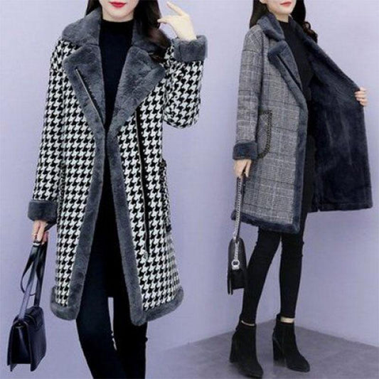 Winter Plus Cotton Thick Warm Woolen Plaid Lamb Wool Coat Jacket Women's Mid-length Plus Size Fat Thick Warm Cotton Coat Plus Velvet Coat