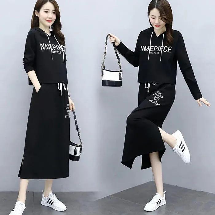 Women's Large Size Loose Hoodies Sweatshit Dress Two-piece Set Long Sleeve Hooded Top+ Split Elastic Waist Skirt Casual Dress Suit