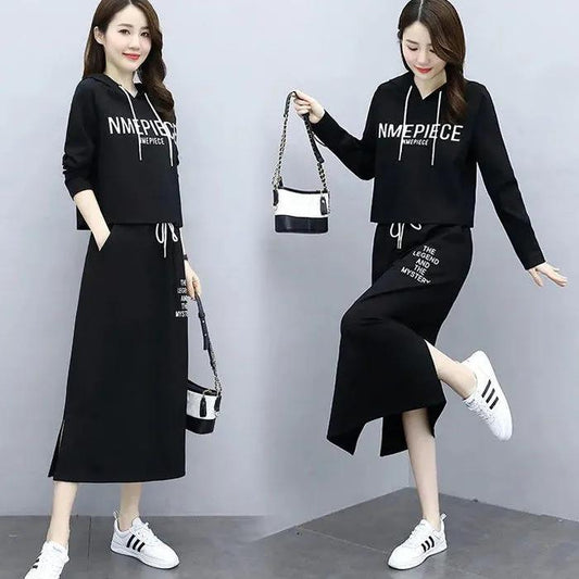 Women's Large Size Loose Hoodies Sweatshit Dress Two-piece Set Long Sleeve Hooded Top+ Split Elastic Waist Skirt Casual Dress Suit