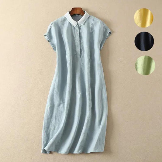 Summer Women's Doll Collar Short Sleeve Mid-length Dress Solid Color Large Size Long Dress