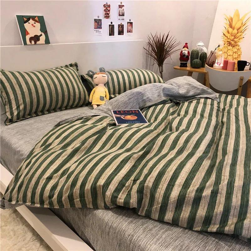 Washed Cotton Four-piece Set Korean Version Plaid Printed Quilt Cover Single Double Dormitory Four-piece Double Bed Bedding