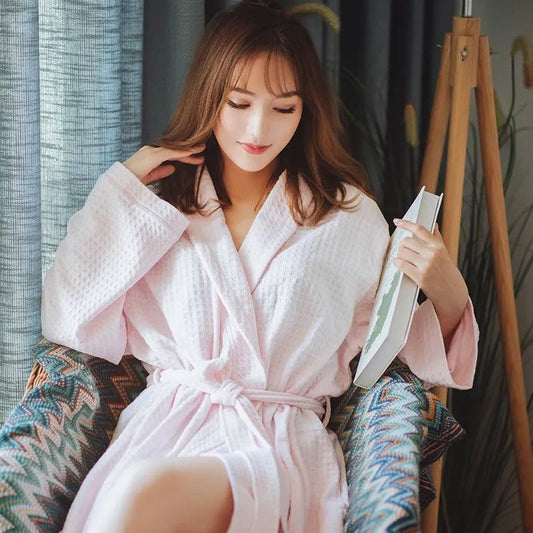 Women's Yukata Pajamas Robe Spring Autumn Loose Waffle Solid Color Bathrobe Long Sleeves Robe Sleeping Robes with Belt