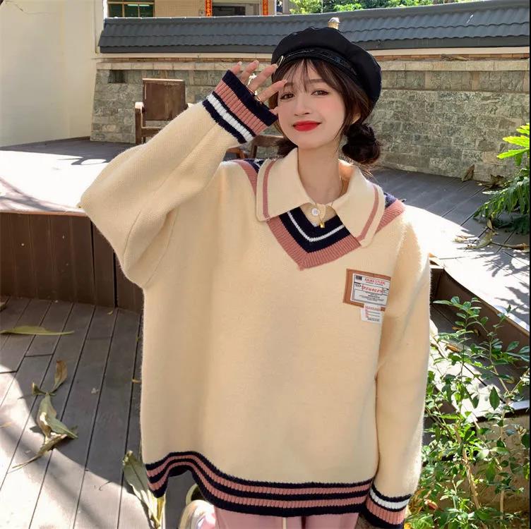 Fake Two-piece Sweater Women's Autumn and Winter Polo Collar Design Sense Knitted Sweater Outer Wear Loose and Lazy Wind Age-reducing Top