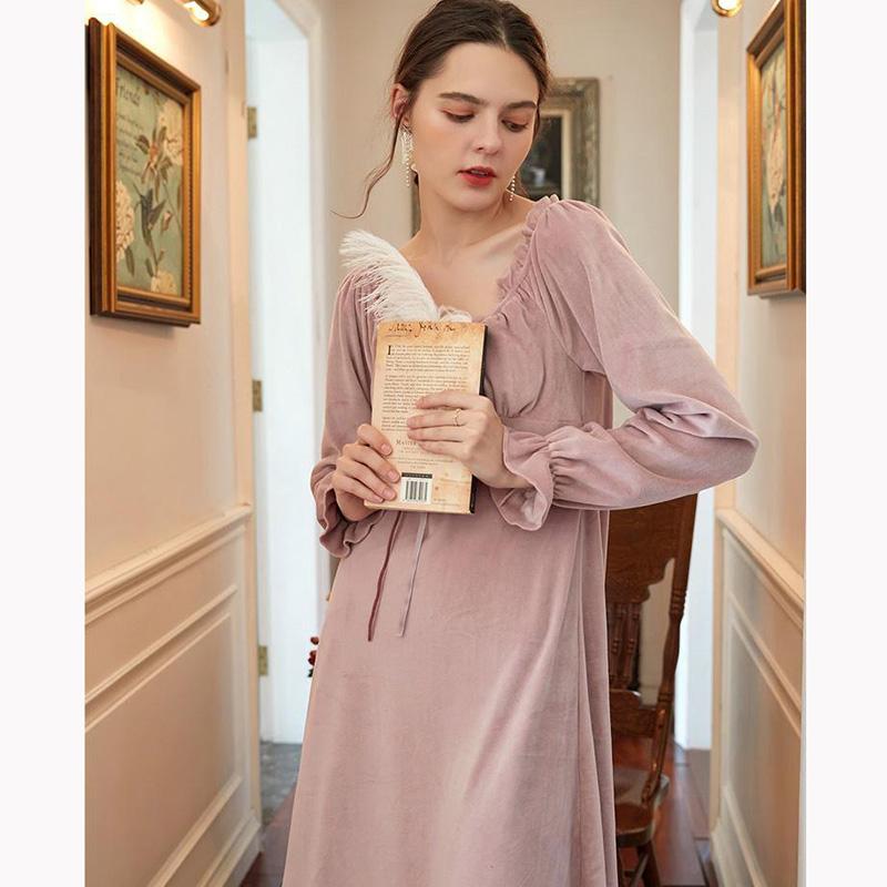 Women's Elegant French Court Nightdress Coral Velvet Long Dress Long-sleevs Pleated Off Shoulder Sexy Warm Home Wear Outerwear