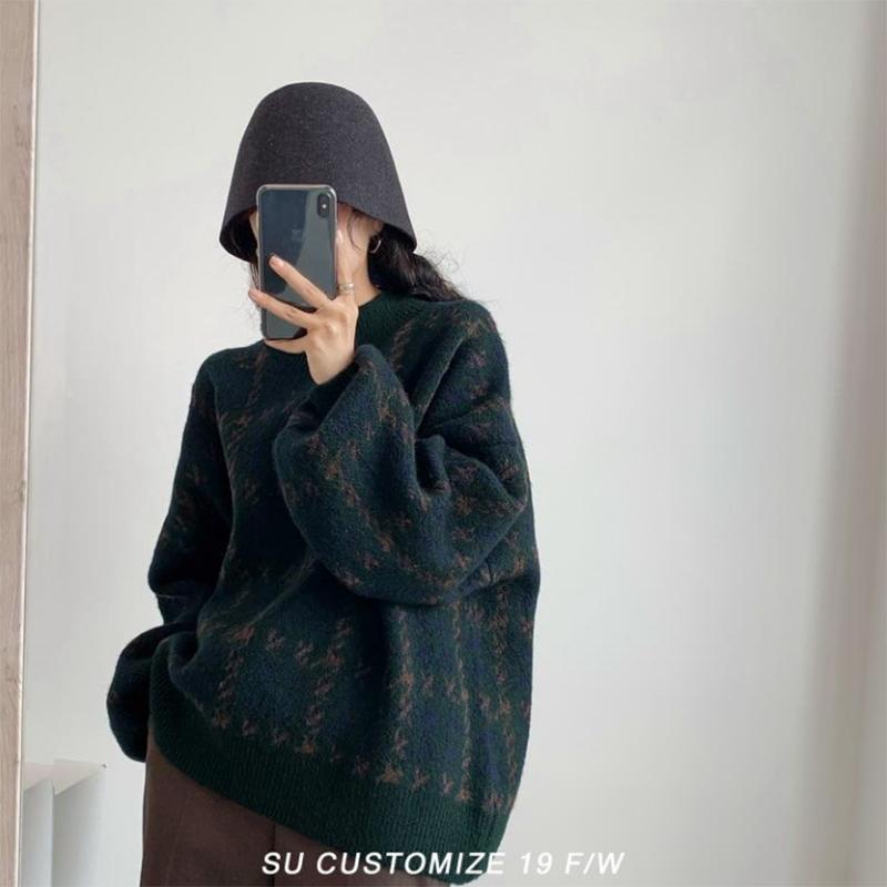 Winter Houndstooth Half Turtleneck Sweater Women's Loose All-match Thick and Soft Retro Hong Kong Style Knitted Sweater Jacket Tide