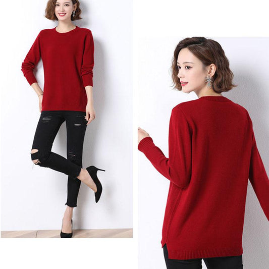 Autumn and Winter Round Neck Wool Sweater Pullover Long-sleeved Plus Size Top Solid Color Knitted Female Sweater