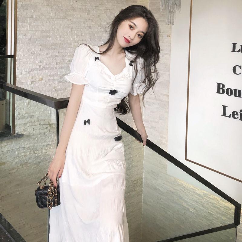 Butterfly Bubble Sleeve White Dress Female Summer Simple Elegant Slim Pleated Square Collar Long Dress