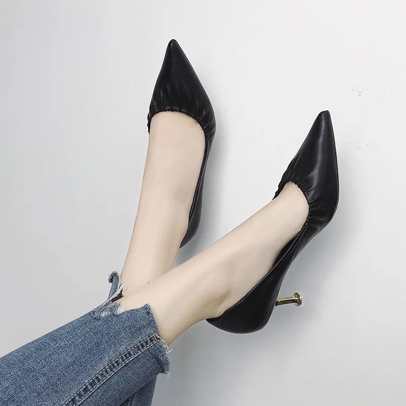 High Heels Women European Stiletto Mid-heel Pointed Toe Fashion High Heels Working Leather Shoes Women