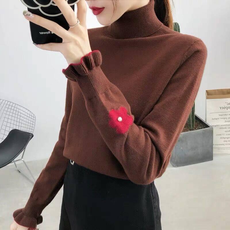 Pofulove Turtleneck Base Sweater Autumn and Winter Long-sleeved Pullover Flower Embroidery Sweater