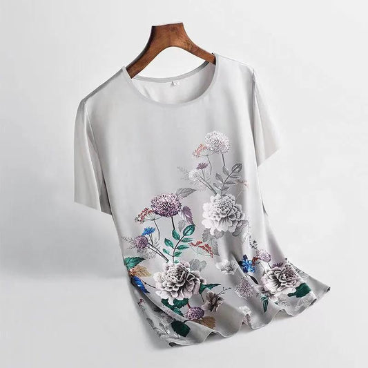 Ice Silk Round Neck Short-sleeved Top Summer Positioning Printing Short-sleeved T-shirt Plus Size Women's Bottoming Shirt