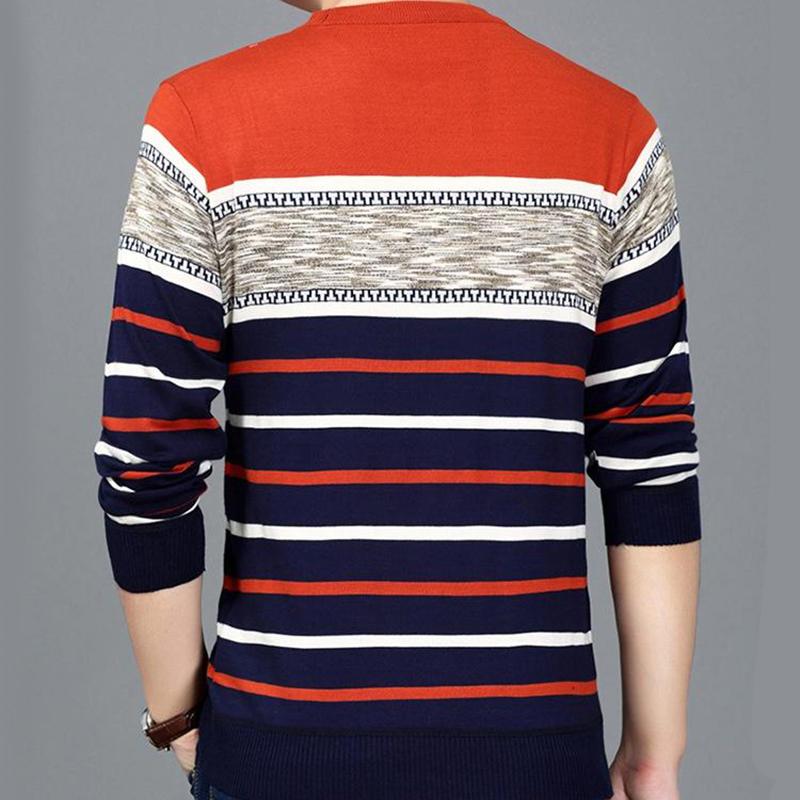 WTEMPO Men Pullover Long-sleeved Warm Sweater Round Neck Striped Pullover Soft and Comfortable Shirt