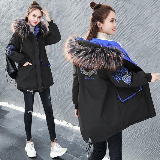 Winter Mid-length Loose Cotton Jacket Korean Version Plus Velvet Thick Coat Embroidery Hit Color Ladies Parkas