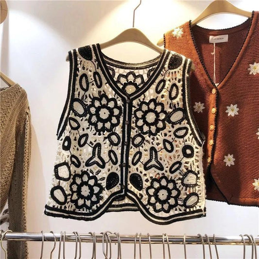 Embroidery Hollow Design Retro Style V-neck Sleeveless Waistcoat Women's Spring and Summer