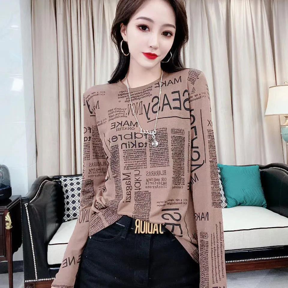 Girls' Top Clothing Fashion Printing Long-sleeved T-shirt All-match Round Neck Slim Bottoming Shirt