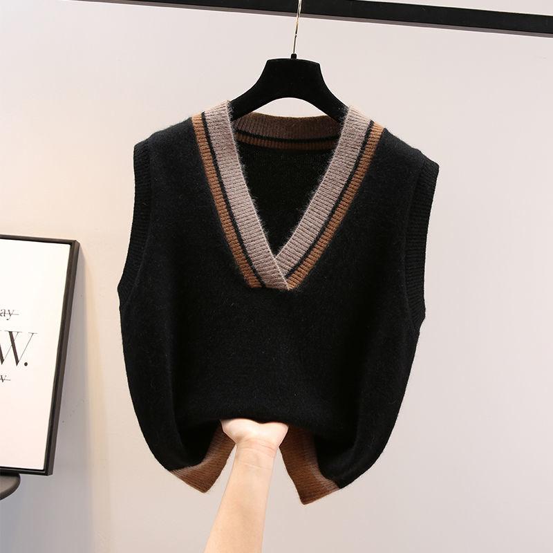 V-neck Knitted Vest Women's Autumn and Winter Loose Knit Waistcoat Sleeveless Sweater