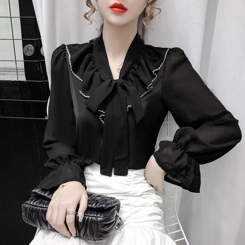 Spring and Summer Tied Wide Loose Long-sleeved Bow-knot Shirt Female Design Sense Niche Chiffon Shirt Top Trumpet Sleeve Bow Neckline Lady