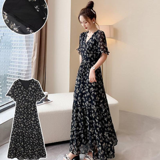 Chiffon Floral V-neck Dress Long Dress French Bellflower Ankle Long Dress Was Thin and Large Size Long Dress Ladies Chiffon Dress