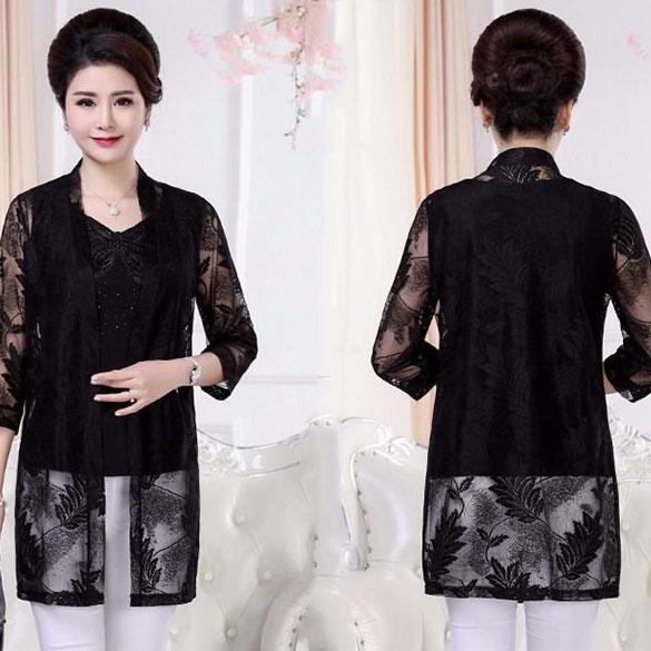 XL-5XL Spring and Summer Sunscreen Lace Cardigan Mesh Shawl Women's Air-conditioned Shirt Plus Size Loose All-match Coat