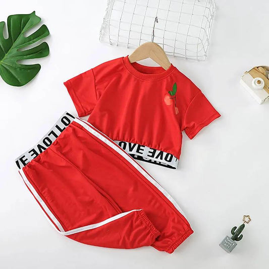 Girls Summer Sportswear Print Solid Color Pullover Short Sleeve Sports Leisure Loose Pants Suit Cute Dance Wear Comfortable Children's Two-piece Set