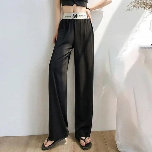 Ladies Ice Silk Wide Leg Casual Pants Summer Thin High Waist Straight Loose Thin Large Size Black Cool Stretch Pants
