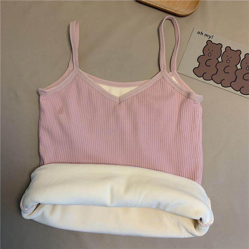 Winter Camisole Crop Top Women Plus Velvet Bralette Spaghetti Strap Corset Tank Top Winter Warm Thermal Vest Innerwear Bralets Yk2 Cami Black