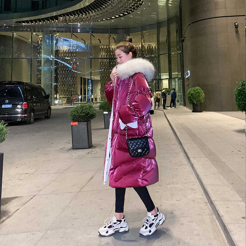 Glossy Down Padded Jacket Women Winter Korean Version of Loose Large Fur Collar Mid-length Over The Knee Thick Warm Jacket